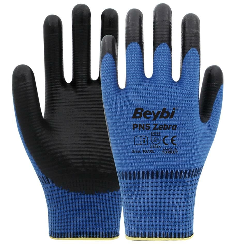 Beybi PN5 Zebra Polyester Örme Nitril Eldiven 24' lü