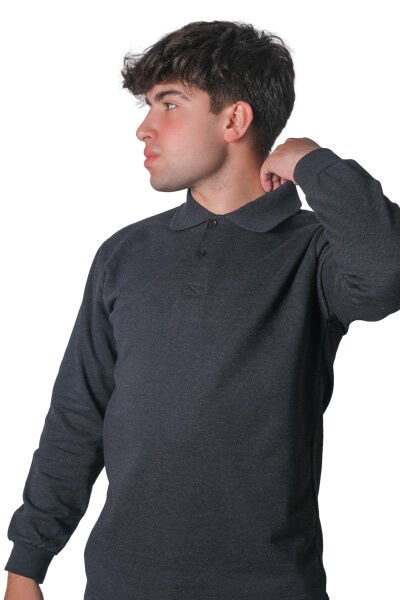 Polo Yaka İki İplik Sweatshirt Füme - S