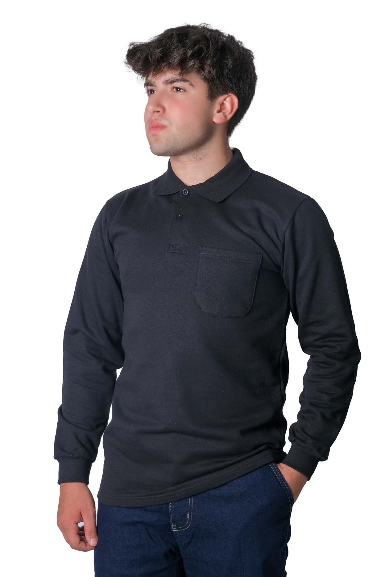 Polo Yaka İki İplik Sweatshirt Siyah - 3XL
