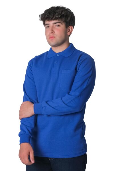 Polo Yaka İki İplik Sweatshirt Mavi - 3XL