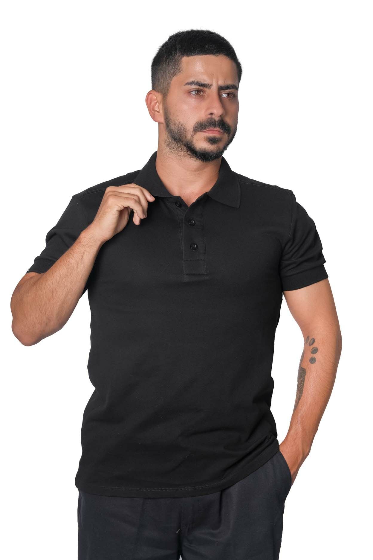 Polo Yaka Likralı Tişört L - Siyah
