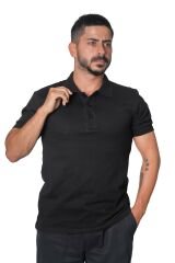 Polo Yaka Likralı Tişört L - Siyah