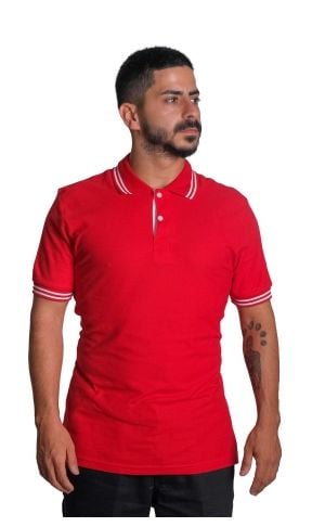 Polo Yaka Penye Tişört- Çizgili Yaka Kırmızı - S