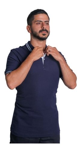 Polo Yaka Penye Tişört- Çizgili Yaka Lacivert - M