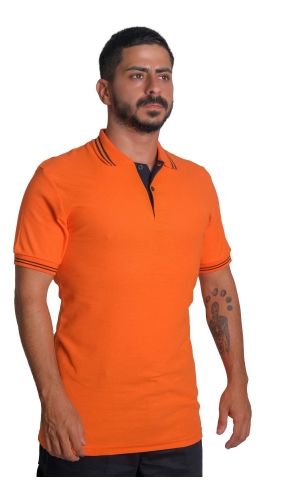 Polo Yaka Penye Tişört- Çizgili Yaka Turuncu - M