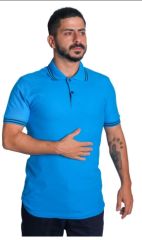 Polo Yaka Penye Tişört- Çizgili Yaka Turkuaz - M