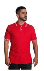 Polo Yaka Penye Tişört- Çizgili Yaka Kırmızı - L