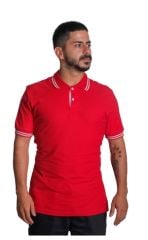 Polo Yaka Penye Tişört- Çizgili Yaka Mavi - L