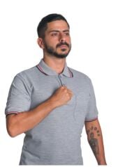 Polo Yaka Penye Tişört- Çizgili Yaka Gri - L