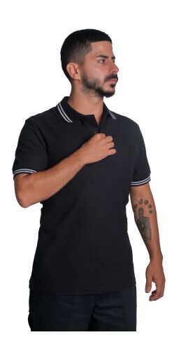 Polo Yaka Penye Tişört- Çizgili Yaka Siyah - XL