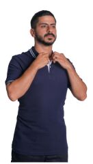 Polo Yaka Penye Tişört- Çizgili Yaka Lacivert - 2XL