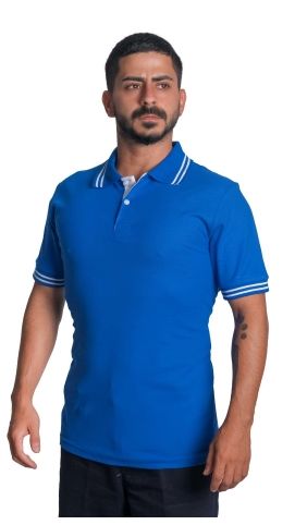 Polo Yaka Penye Tişört- Çizgili Yaka Mavi - 2XL