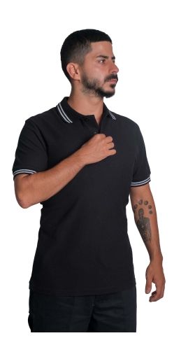 Polo Yaka Penye Tişört- Çizgili Yaka Siyah - 2XL
