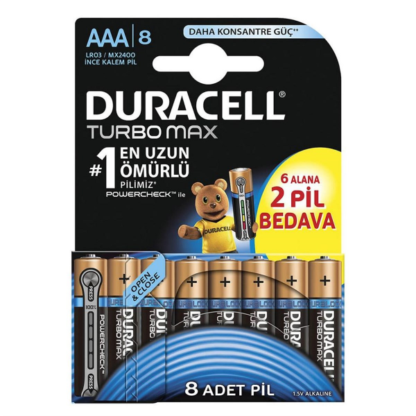 Duracell Turbo Max Alkalin AAA İnce Kalem Pil 8'li Paket