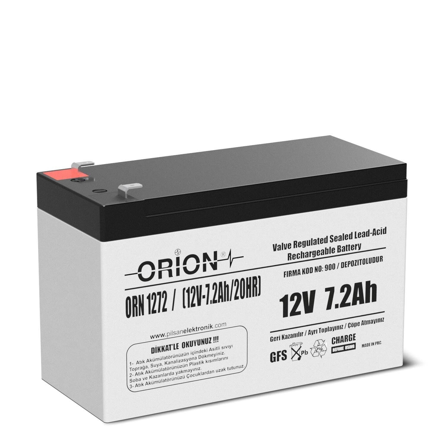 Orion 12V 7.2Ah Bakımsız Kuru Akü - T2 Kalın Soket